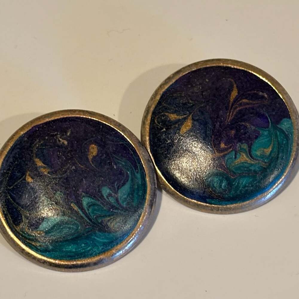 Vintage Hand Painted Enamel Earrings Blue Teal Gold Swirls